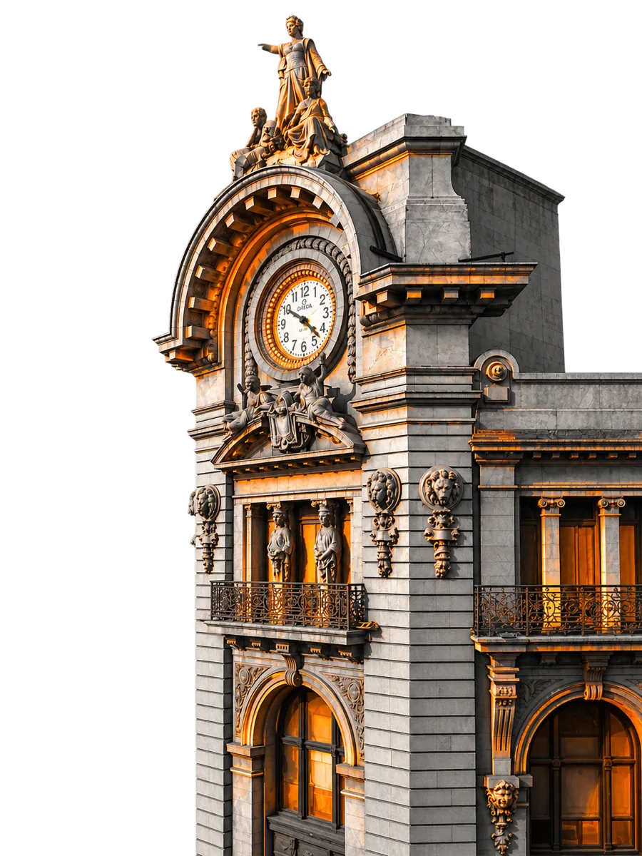 Fachada clásica con reloj, intervenida con acentos naranja